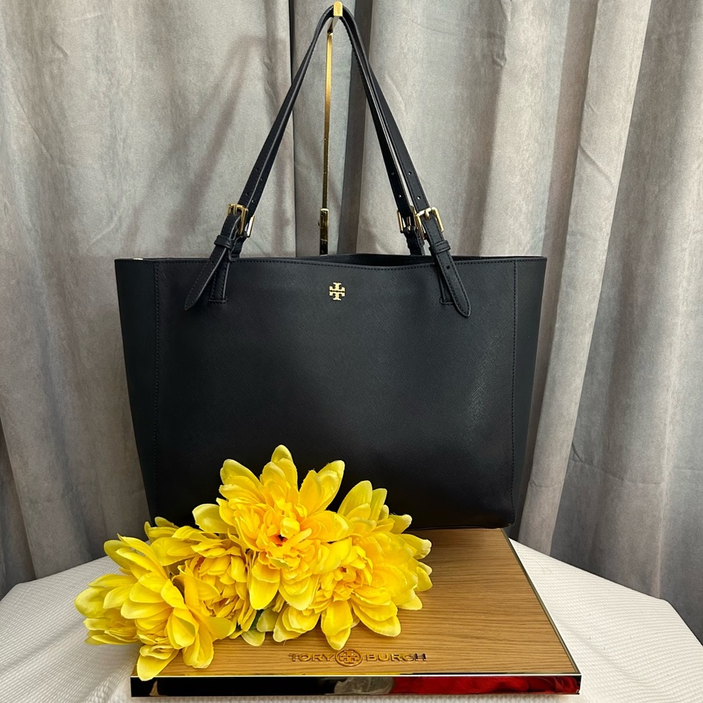 Tory Burch Navy Blue Saffiano Leather Robinson Buckle Tote